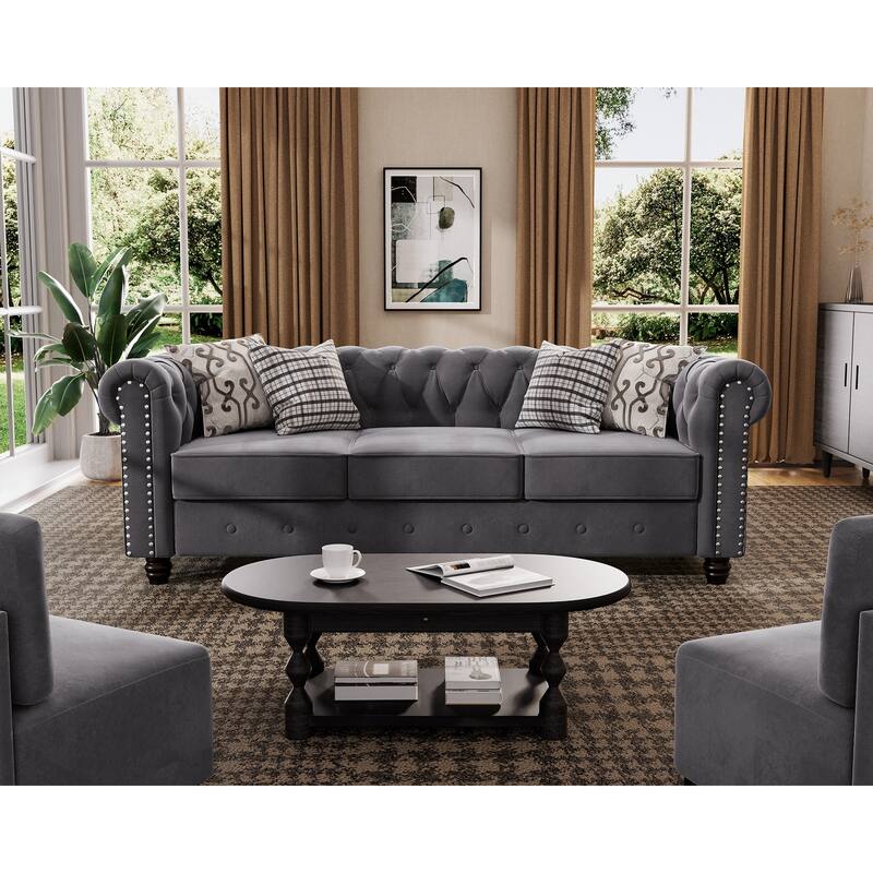 Classic Tufted Velvet Upholstered Chesterfield Club Chair and Sofa 2 Pieces with Nailhead for Living Room by Morden Fort