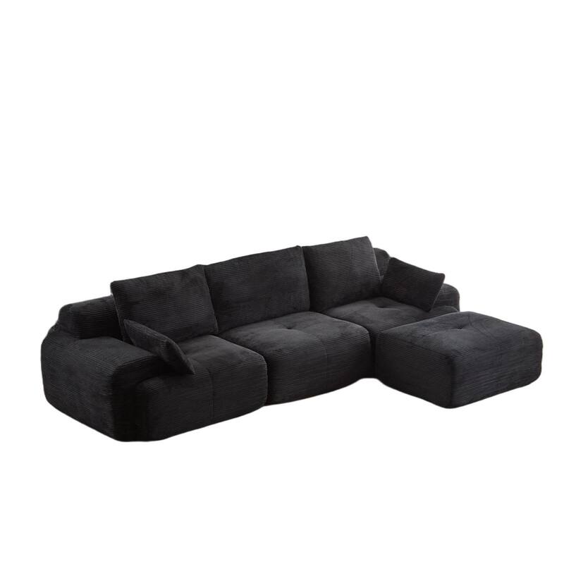 L Shaped Modular Sectional Sofa with Ottoman, Corduroy Upholstered Cloud Sofa, Compressed Sofa with Cushions & Throw Pillows