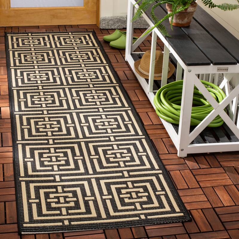 SAFAVIEH Courtyard Ginger Indoor/ Outdoor Waterproof Patio Backyard Rug - 2'3" x 8' Runner - Black/Bone