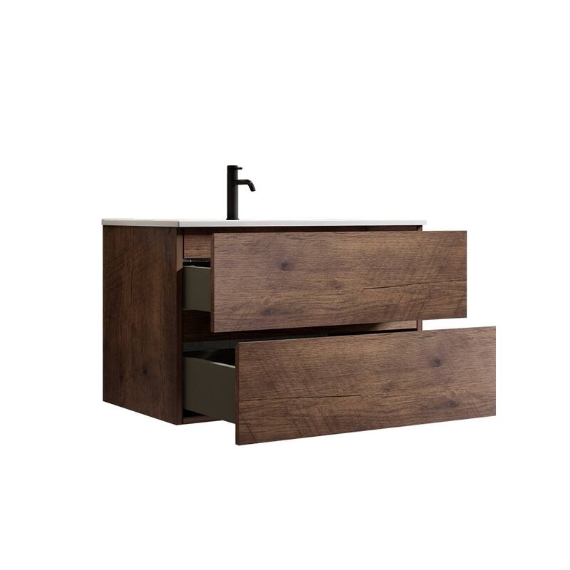 GDFStudio - Tia Wall-Mounted Bathroom Vanity with Ceramic Sink, Soft Close Drawers & U-Shaped Drainage