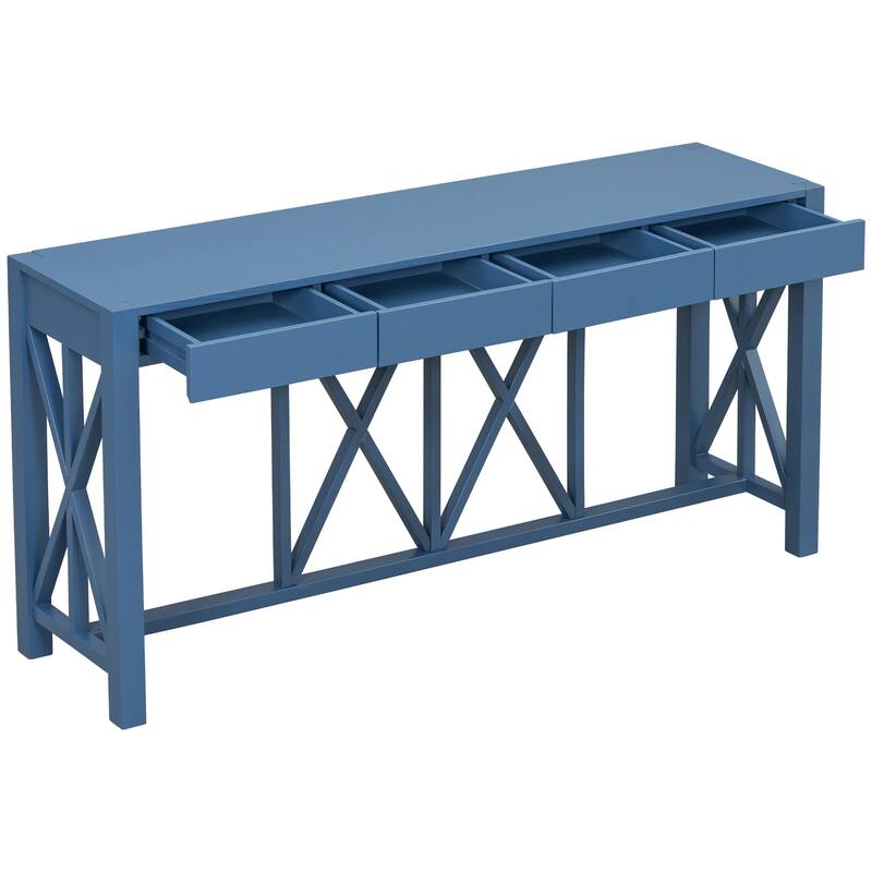 Acacia Veneer Console Table Entryway Table with 4 Drawers and X-Leg, Farmhouse Sofa Table with Open Bottom Storage