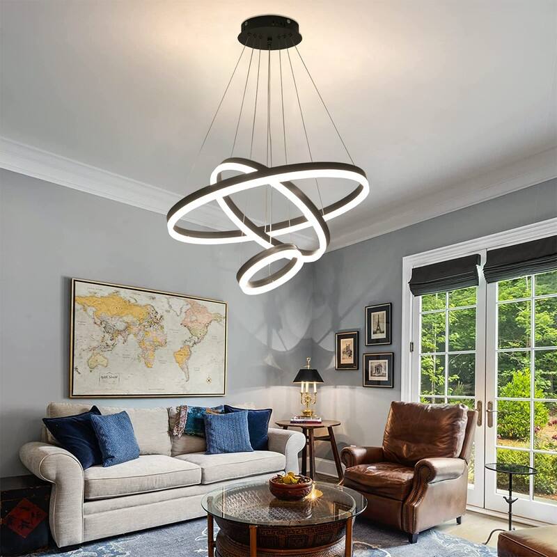 3-Rings Chandelier Modern LED Chandelier Black,Tiered 6 Ring LED Light