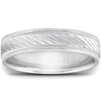 White Gold 5mm Flat Mens Hand Carved Wedding Band
