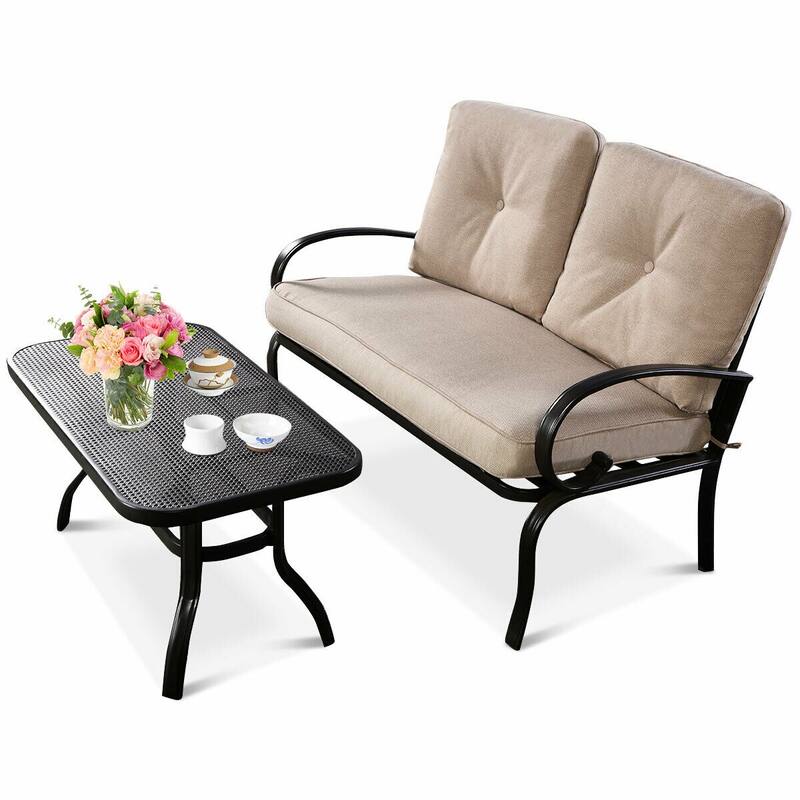 Costway 2 Pcs Patio LoveSeat Coffee Table Set Furniture Bench With - See Details - Beige/White