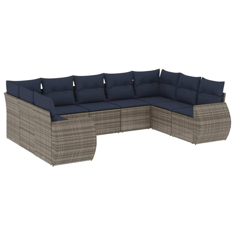 vidaXL 9 Piece Patio Sofa Set with Cushions Grey Poly Rattan - 24.4" x 24.4" x 27.2"