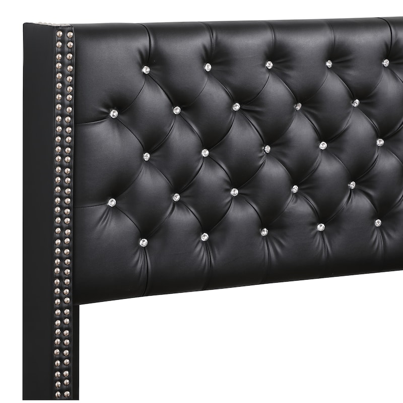 Boho Upholstered Bed - Deep Tufted Headboard, Faux Leather & Fabric Design, 66x86 Inch
