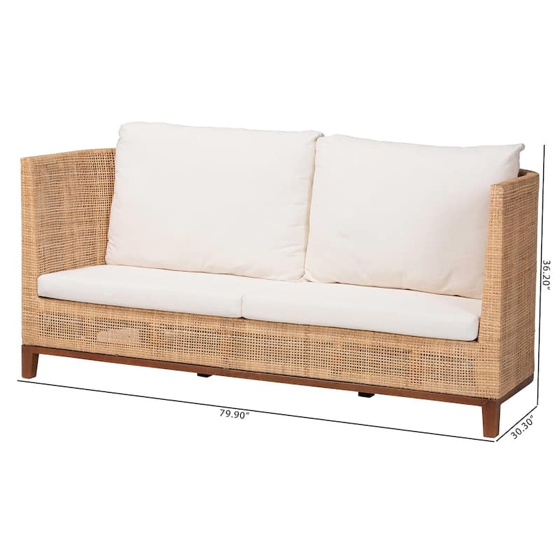Edda Natural Rattan Sofa with Upholstered Cushions - Coastal Style 3-Seater Couch for Living Room or Sunroom