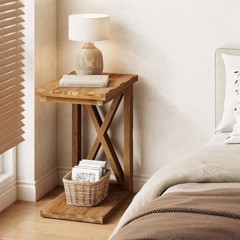C Shaped Solid Wood Side Table, 2-Tier Open Storage End Table, Modern Accent Table & Nightstand for Living Room Bedroom