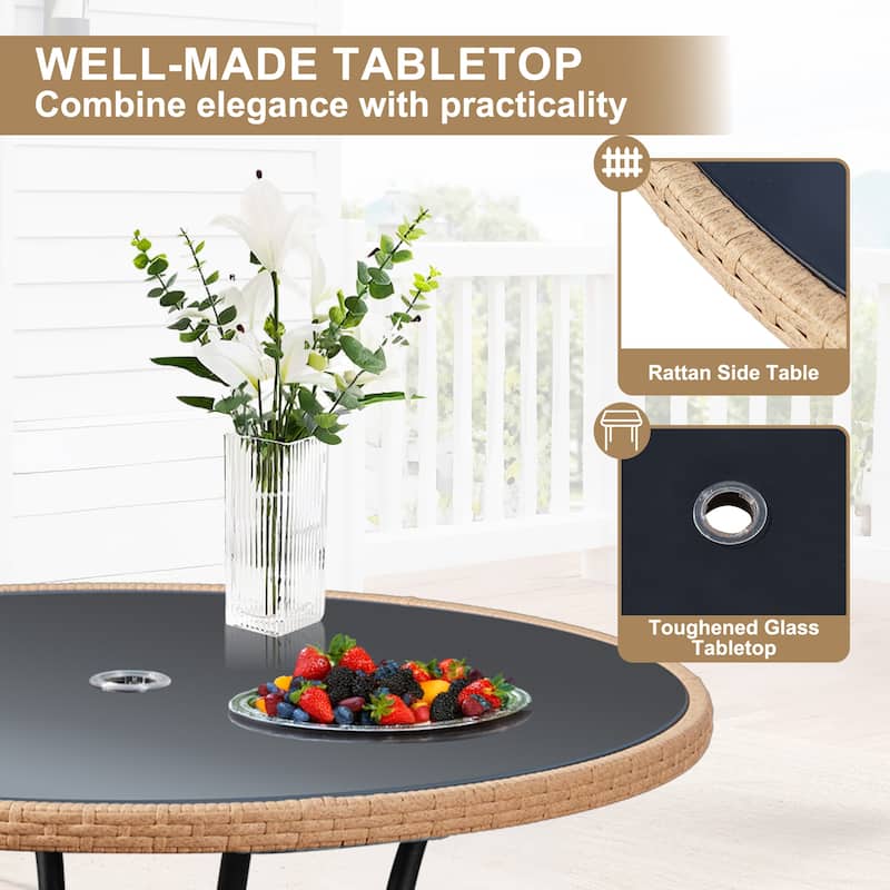 35" Square/Round Outdoor Dining Table - All-Weather Wicker Patio Table with Tempered Glass Top & Iron Frame for Balcony