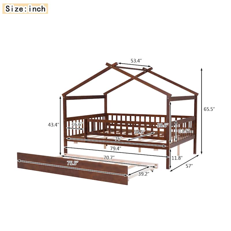 Wooden Twin/Full House Bed with Trundle and Headboard, Sky Roof Design, Durable Pine Wood