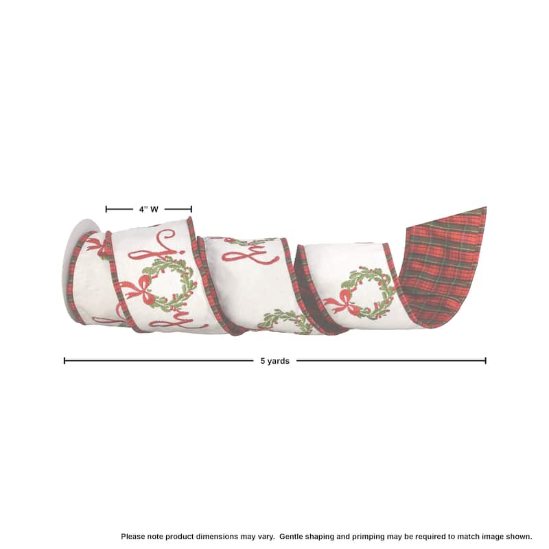 4"x 5Y "Joy" Wreath Dupion Plaid Back Ribbon