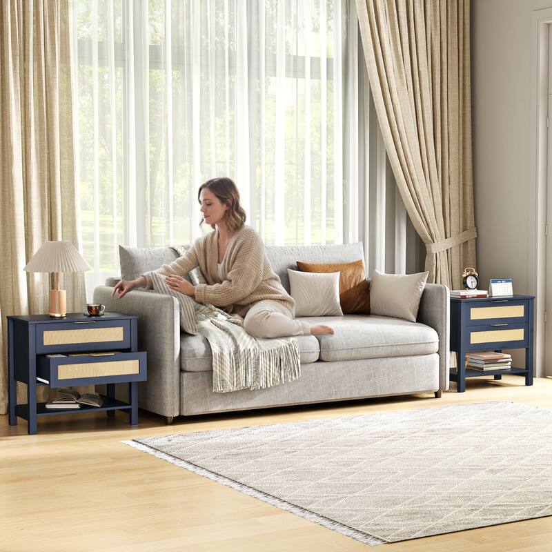 Rattan Nightstand with 2 Drawers and Storage Shelf Boho Bedside Narrow Side Table for Bedroom