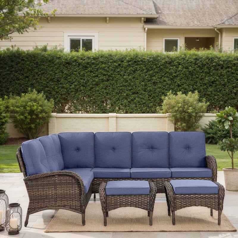 Outdoor Sectional Sofa with Cushion Funiture Set - Brwon Wicker Blue Cushion - 4PCS Sectional Sofa w/ Ottoman