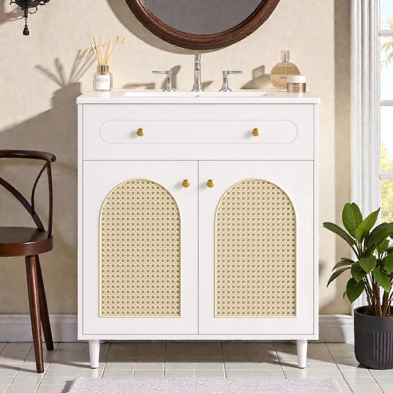 30 Inch Bathroom Vanity with Ceramic Sink, Solid Wood Frame Vanity Cabinet with Rattan Panels and Tip-Out Drawer