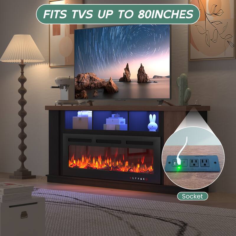Traditional 70" TV Stand with 50" Electric Fireplace, Light Strips, Sockets, Open Shelves, and Cabinets for TVs up to 80"