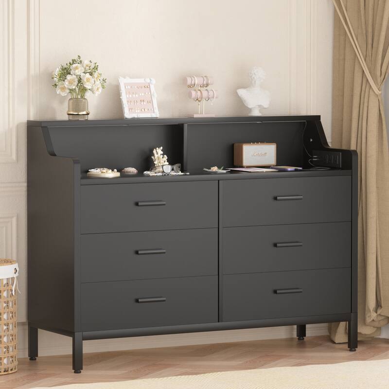 6 Drawers Dresser with Charge Station and LED Light, Closet Organizer for Bedroom - Black