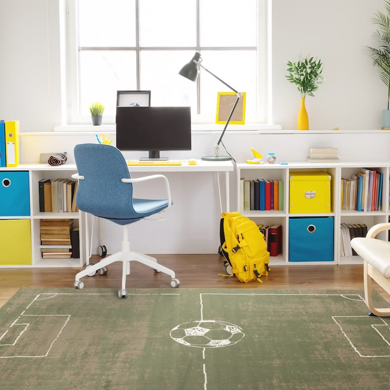 Green Brown Soccer Field Kids Area Rug