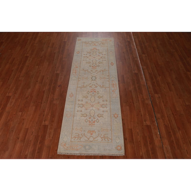 Hand Knotted Oriental 100% Wool Carpet Transitional Geometric Beige & Ivories Oushak Runner Rug - 8' 2'' X 2' 8''