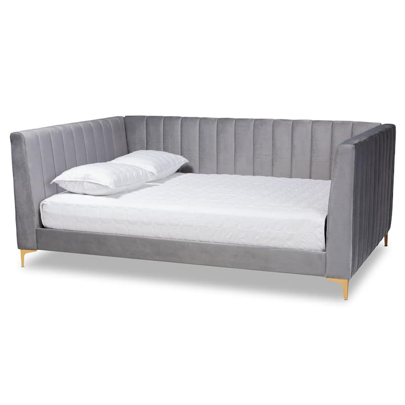 Light Grey Velvet Upholstered Full Daybed with Channel Tufting and Gold Metal Legs, Modern Glam Guestroom Bed