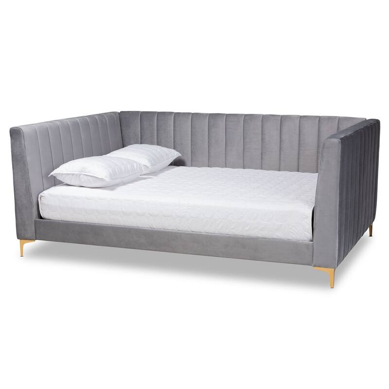 Light Grey Velvet Upholstered Queen Daybed with Channel Tufting and Gold Metal Legs, Glam Contemporary Accent
