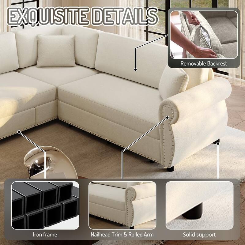 88.2" L-Shaped Sleeper Sectional Sofa with Pull-Out Bed - Chenille Convertible Couch, Nailhead Trim, for Living Room