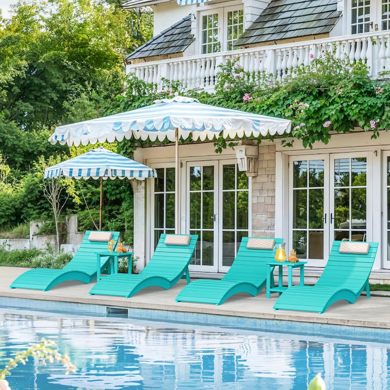 4-Piece Folding HDPS Plastic Outdoor Pool Chaise Lounges with Headrest Cushion - Aruba Blue