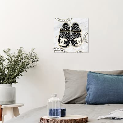 Wynwood Studio Prints Fashion and Glam Her First Shoes Black and Metallic Gold Modern & Contemporary Wall Art Canvas Print