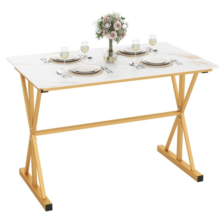 Golden and White Sintered Stone Dining Table with Metal Frame 135 lbs Capacity - 44" x 28" x 30"