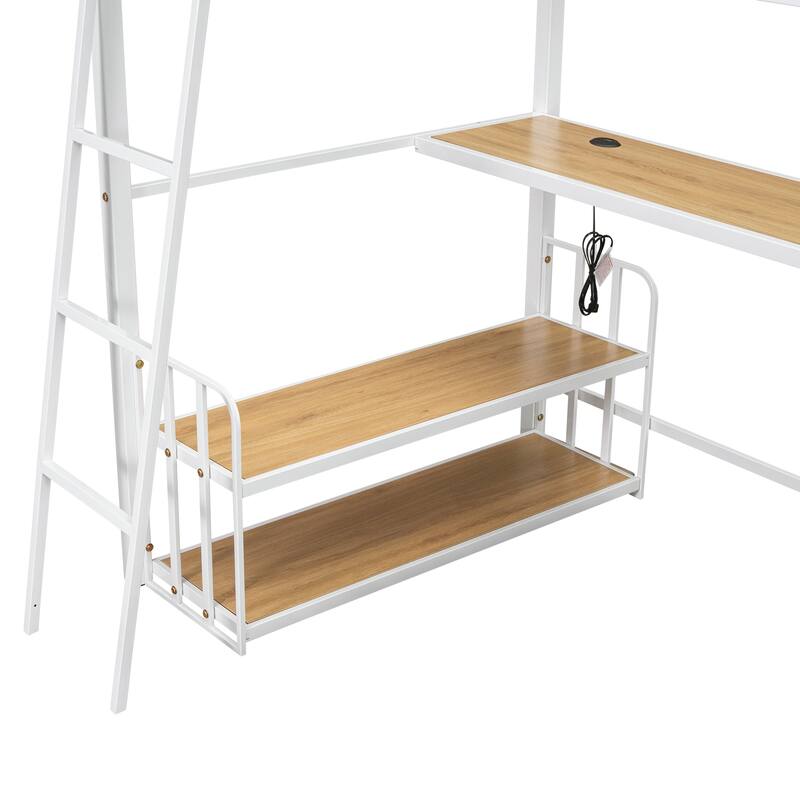 Heavy Duty Metal Bed Frame, Twin Size Loft Bed with Wood Desktop Desk, Storage Shelves and Charging Station for Bedroom