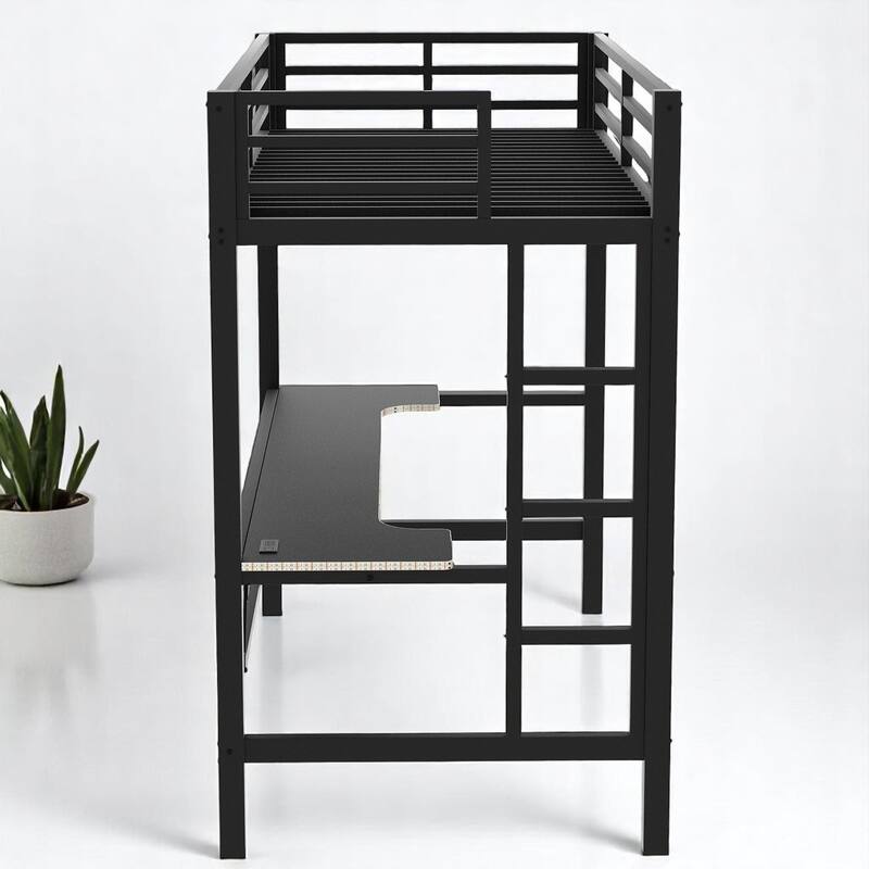 Twin/Full Size Gaming Metal Loft Bed with Desk, Remote LED Light & USB Charging Station - Space-Saving Frame