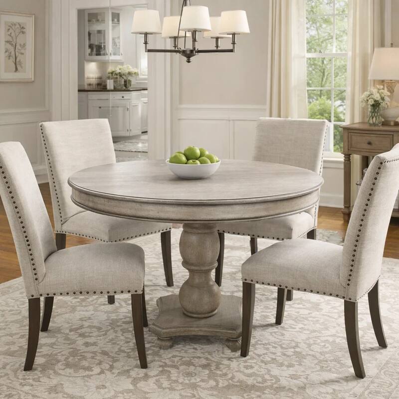 42 Inch Handcrafted Mango Wood Dining Table, Pedestal Base, Round Molded Top, Washed White, Gray