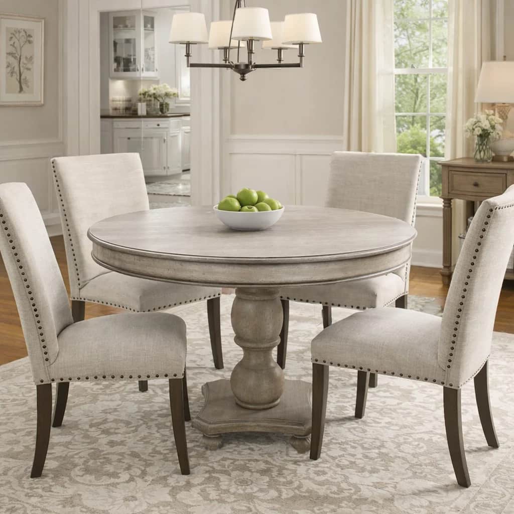42 Inch Handcrafted Mango Wood Dining Table, Pedestal Base, Round Molded Top, Washed White, Gray