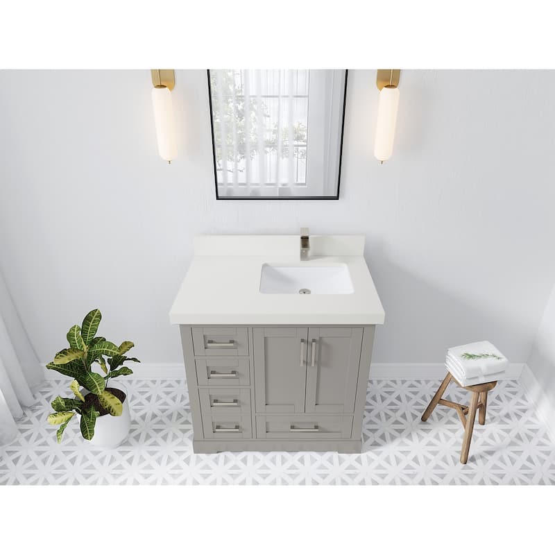 Willow Collections 36 x 22 Boston Right Offset Sink Bathroom Vanity with Quartz or Marble Countertop - 2"White Quartz - Elephant Skin Gray