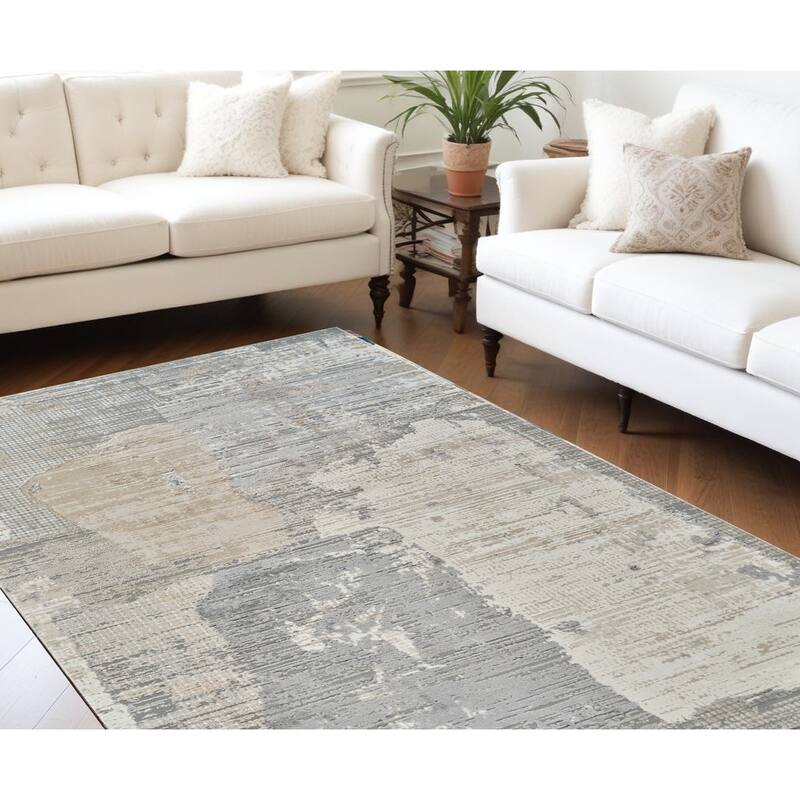 Bibiz Distressed Abstract Modern Stain Resistant Woven Area Rug By HomeRoots - 7' X 10' - Gray and Cream - Rectangle