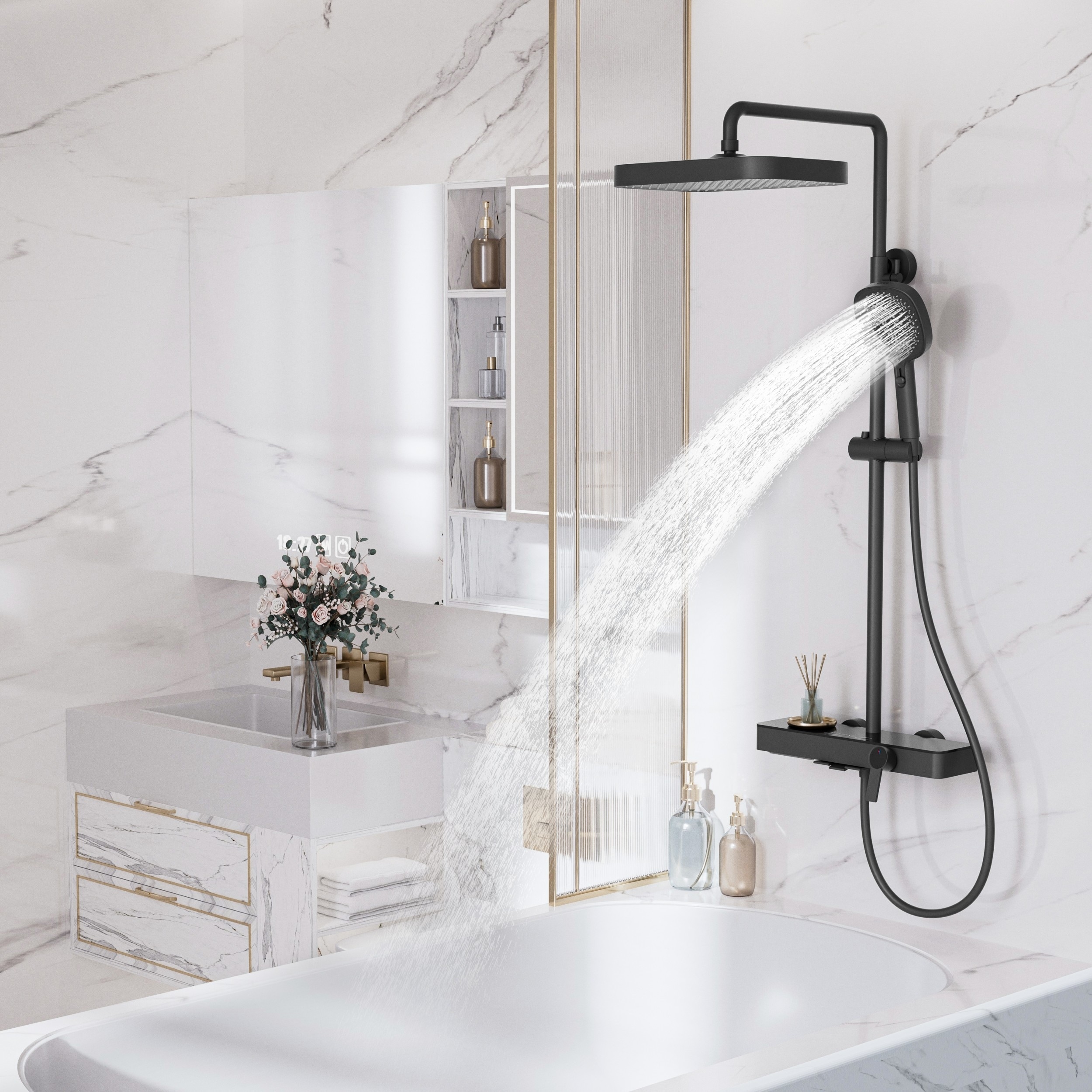 5-Way Exposed Shower System with Push Button Diverter, Square Rain Head, Slide Bar Handheld & Waterfall Tub Spout, Solid Brass