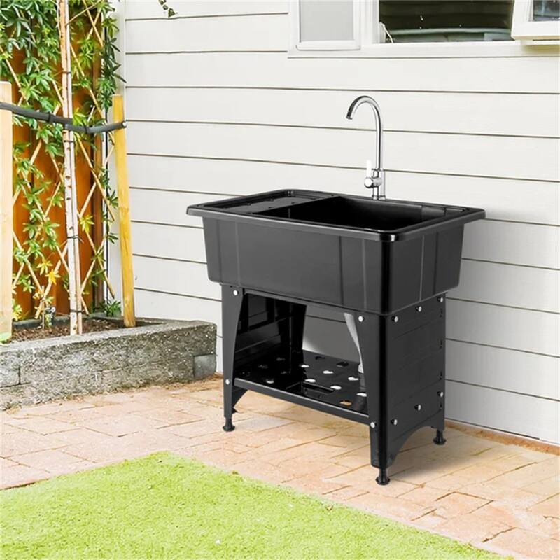 Utility Washing Room Sink Laundry Tub with Faucet & Shelf & Drainboard Black - 22.4"D x 32.3"W x 29.9"H