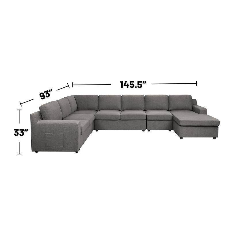 Linen 7-Seater U-Shape Sectional Sofa Chaise with Pocket in Gray