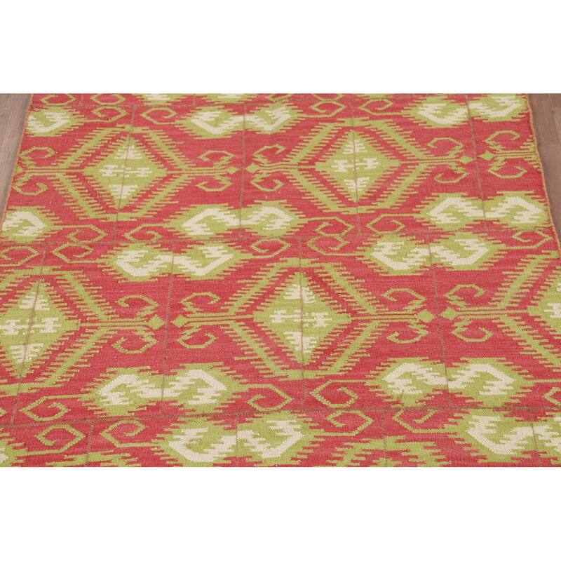 All-Over Pink Geometric Kilim Oriental Area Rug Handmade Wool Carpet - 4'9"x 7'1"