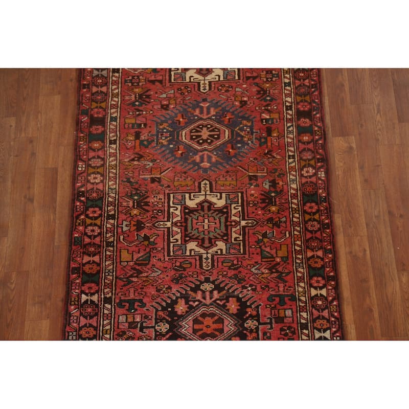 Pink Gharajeh Persian Vintage Runner Rug Handmade Tribal Wool Carpet - 3'2"x 12'9"