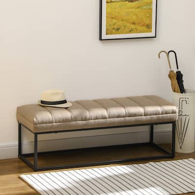HOMCOM 47.25" End of Bed Bench with Channel Tufted Design, Upholstered Ottoman Bench with Steel Legs for Bedroom, Brown