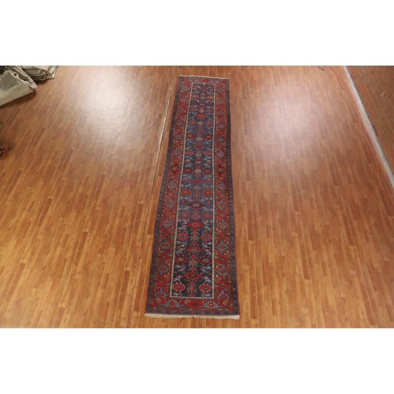 Hand Knotted Oriental 100% Wool Carpet Traditional Geometric Navy Blue & Blues Heriz Runner Rug - 15' 7'' X 3' 5''