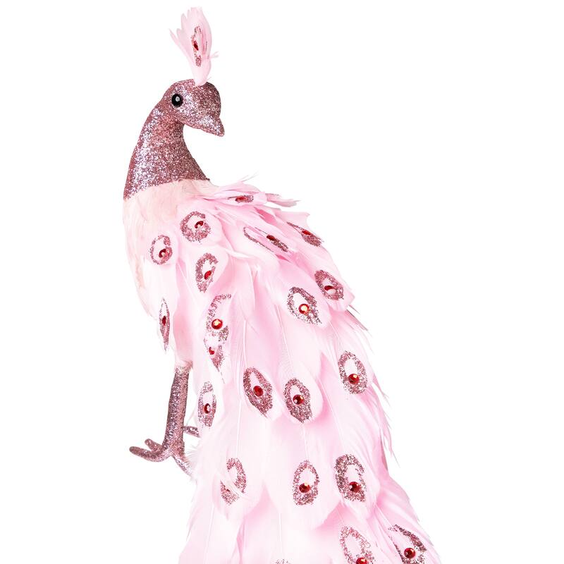 Peacock with Glitter and Faux Jewels Christmas Decoration - 20" - Light Pink