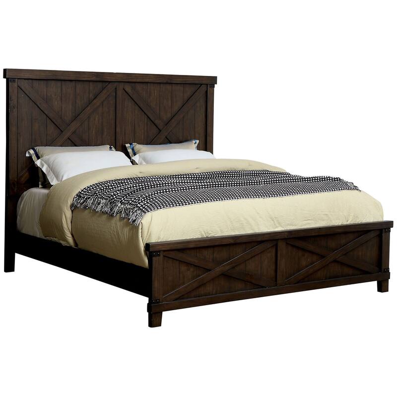 California King Bed with Plank Style X Shaped Details, Dark Brown