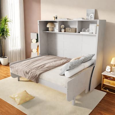 Full Size Murphy Bed with Desk and 3 Storage Cabinets, Multi-Functional Fold-Down Work Surface