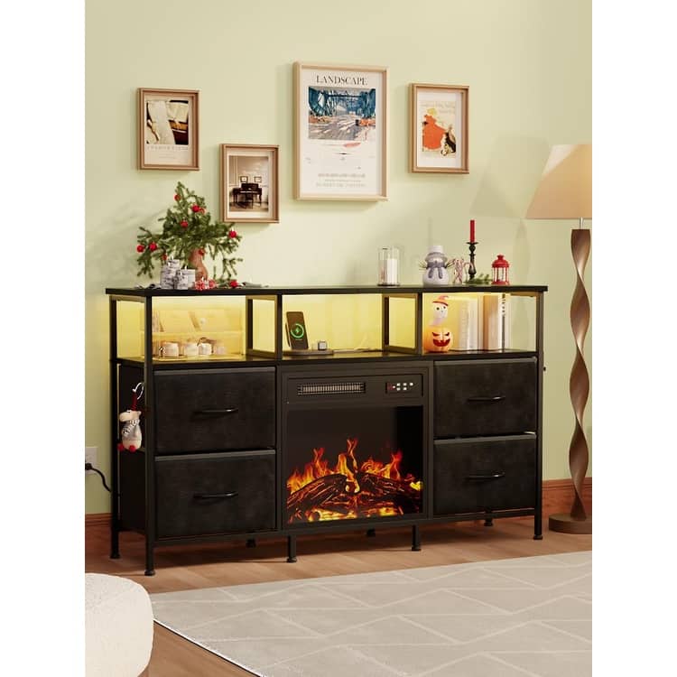 BOSSIN Fireplace TV Stand & Entertainment Center with LED Lights, 4 PU Leather Drawers, Open Shelves, and Built-in Power Outlets