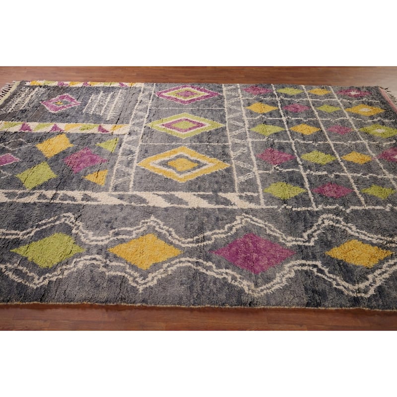 Geometric Plush Moroccan Oriental Area Rug Hand-Knotted Wool Carpet - 7'3" x 10'1"