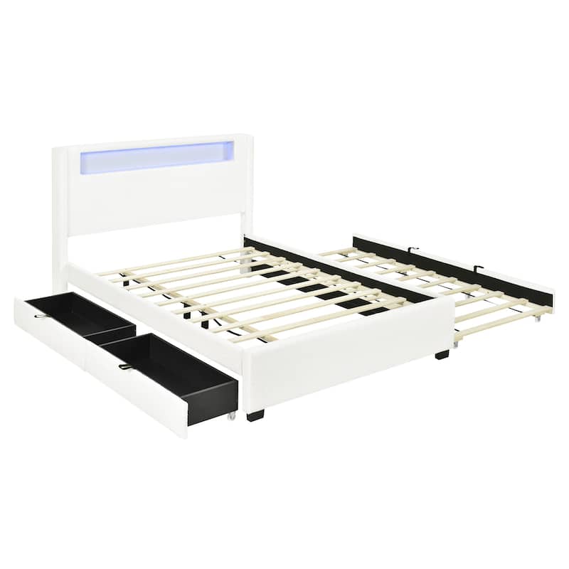 HomeRoots White Tufted Boucle Lighted Full Bed Frame With Trundle And USB And Drawers
