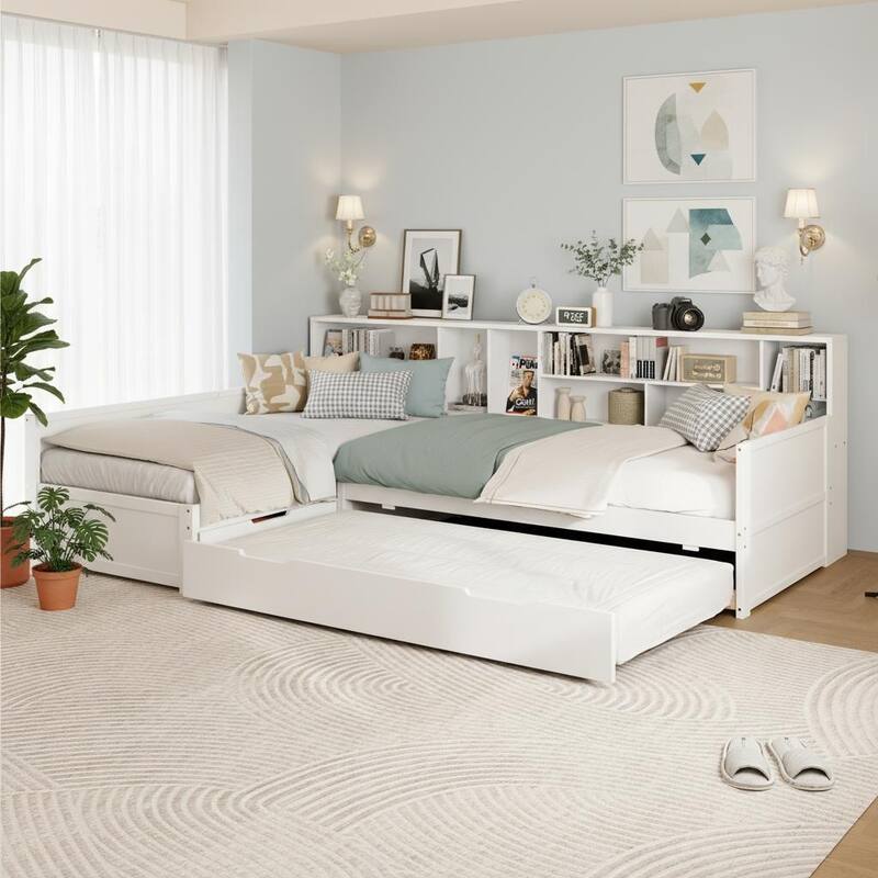 Twin L-Shaped Daybed with Built-In Bookcase, Storage Drawers & Trundle by Harper&Bright Designs