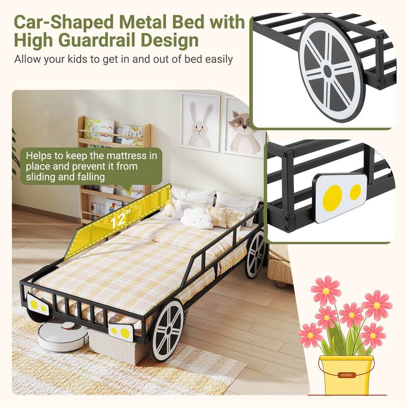 Costway Twin Car-Shaped Metal Bed Frame with Wheels Decorations Safety