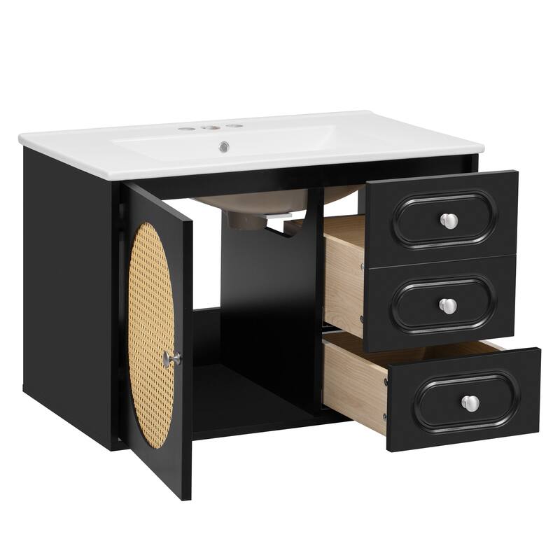 30" Bathroom Vanity with Ceramic Sink,Mid-Century Bathroom Vanity Cabinet with 2 Drawers,Bathroom Vanities Cabinet